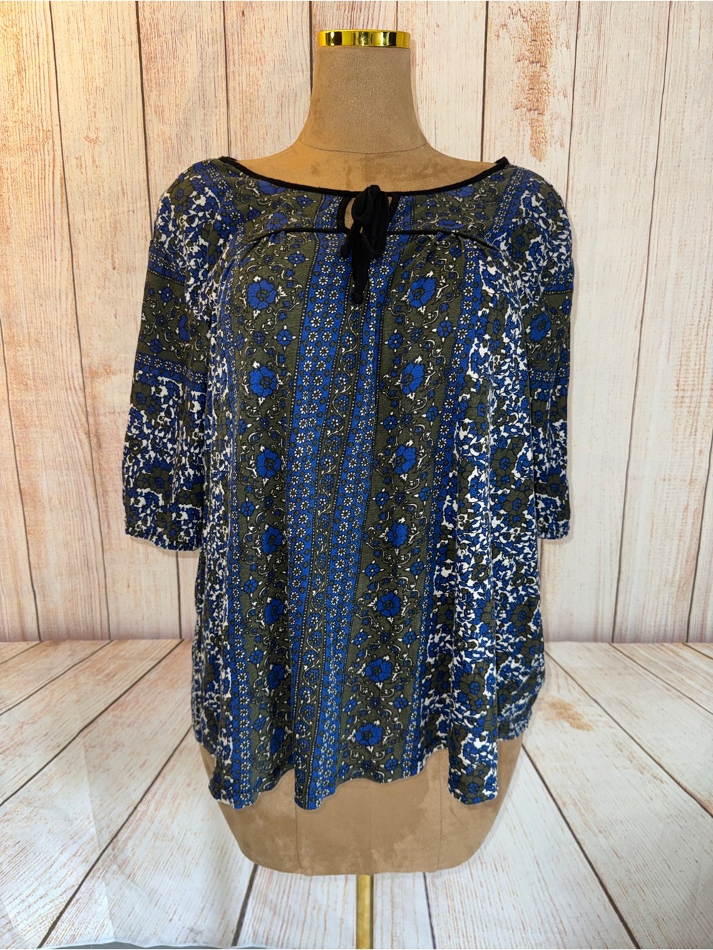 Lucky Brand Blue and Olive Green Floral Peasant Tunic, women’s size 3X Boho